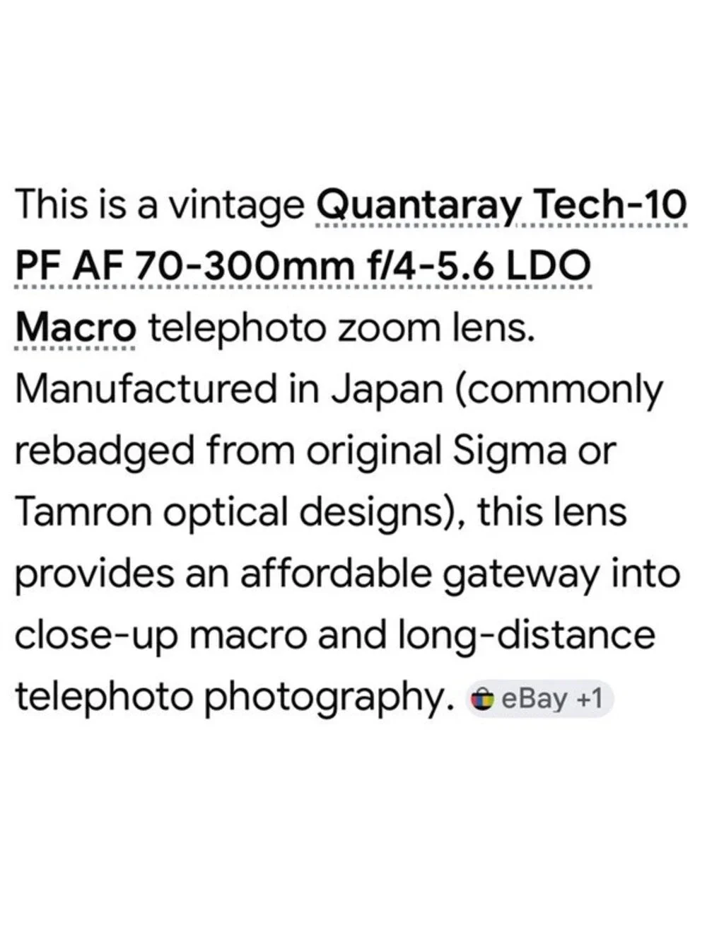 QUANTARAY TECH-10 PF AF-70-300MM Lense Japan, Fits PENTAX, KAF Mount, Good Cond!